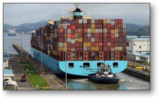 Cargo ship navigating the Panama Canal